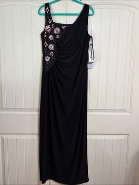 Adrianna Papell Black with Pink beading sequins jersey gown dress Size 14